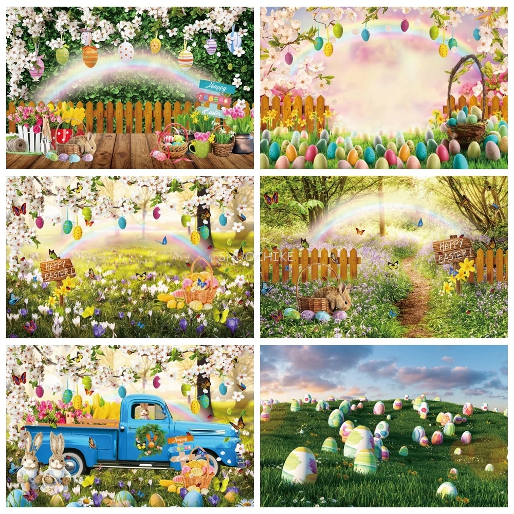 

Spring Easter Photography Backdrop Colorful Eggs Bunny Flowers Fairy Tale Forest Wooden Floor Child Birthday Portrait Background