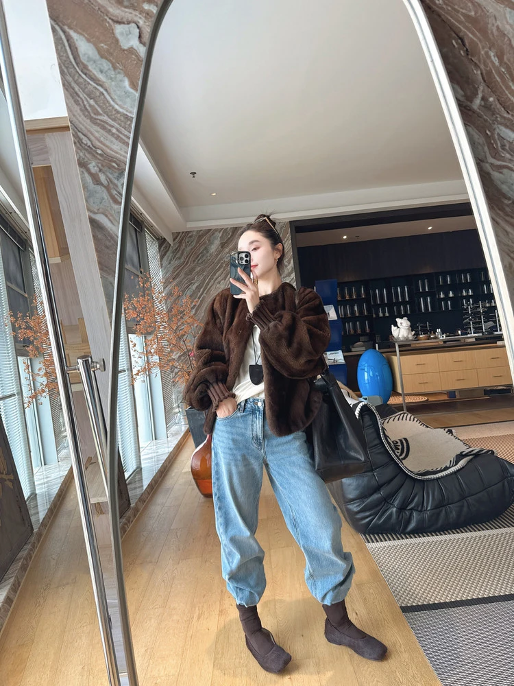 Lautaro Autumn Winter Brown Thick Warm Soft Faux Mink Fur Coat Women Lantern Sleeves Elegant Luxury Chic Fluffy Jacket 2026
