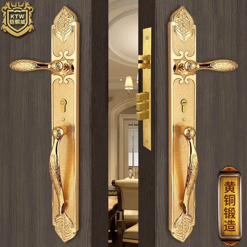 All-copper European-style villa large wooden door lock, side-by-side entry-level conference room double-opening, full brass Chin