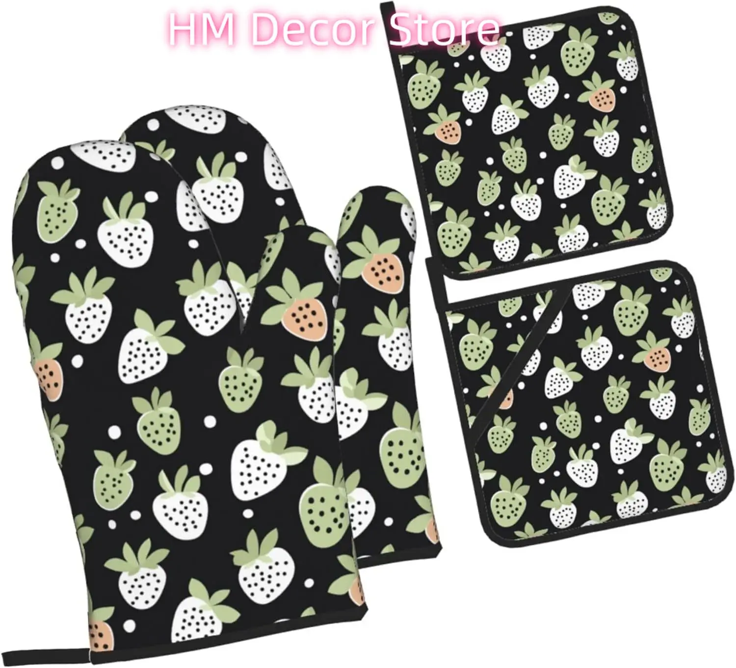 White Green Strawberries Oven Mitts and Pot Holders Sets of 4, Spring Country Heat Resistant Oven Mitts,Non-Slip Cooking Gloves