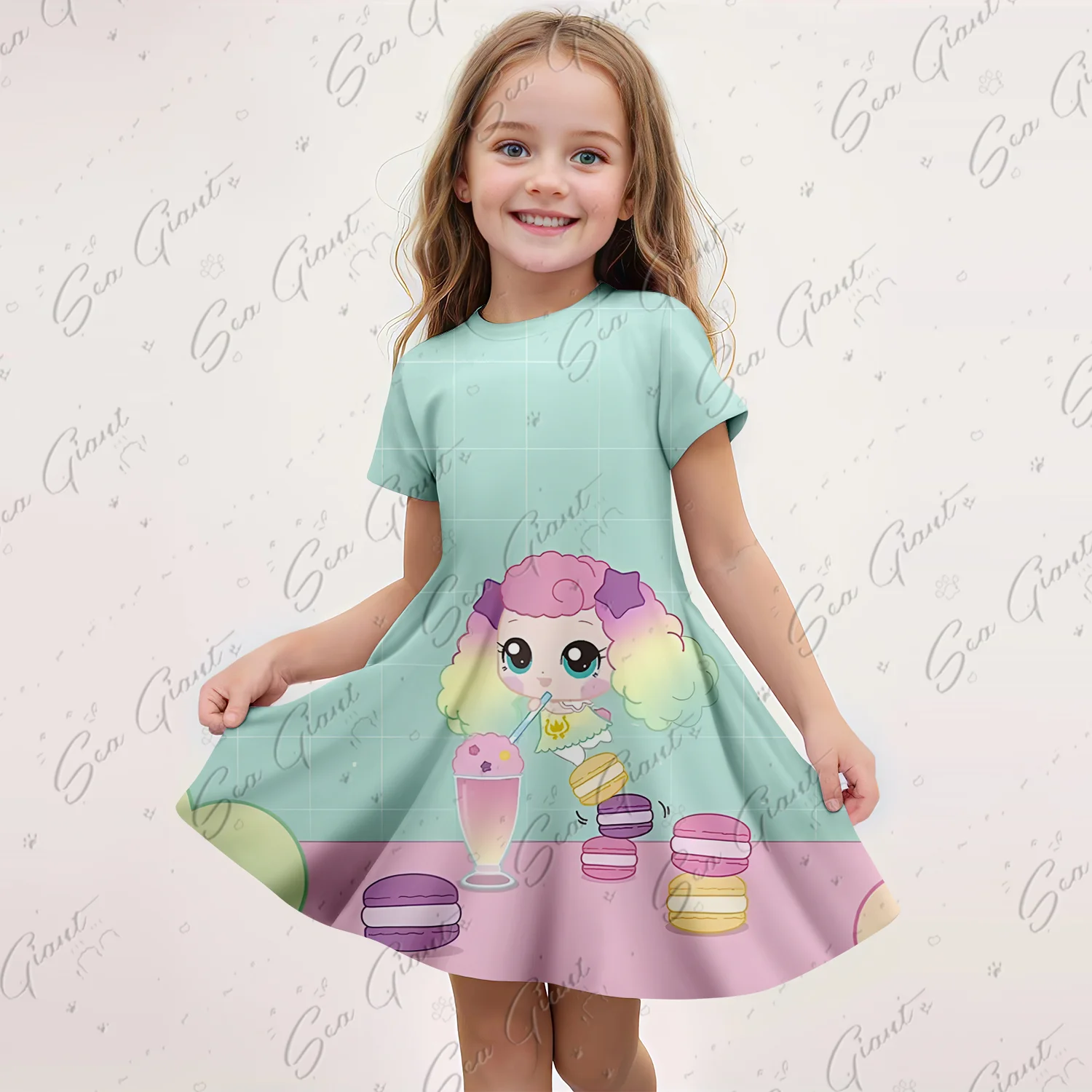 MINISO New Summer Cartoon Catch！Teenieping 3D Print Dress Fashion Kids Short Sleeve Princess Dress Girls Party Children Clothes