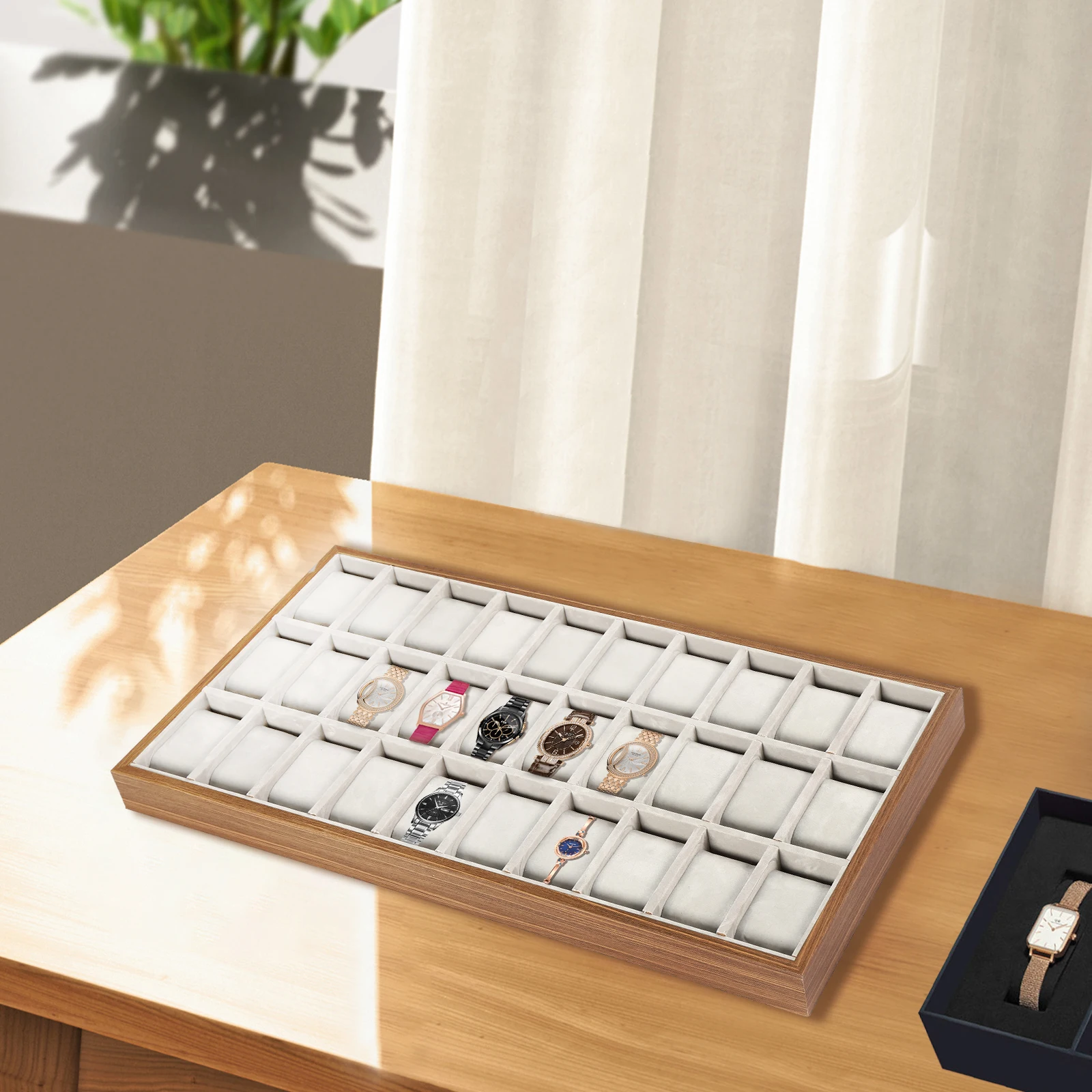 30 Grid Watch Jewelry Tray Organizer Wooden Box Organizer Display Tray Watch Bracelet Display Holder with Removable Pillow