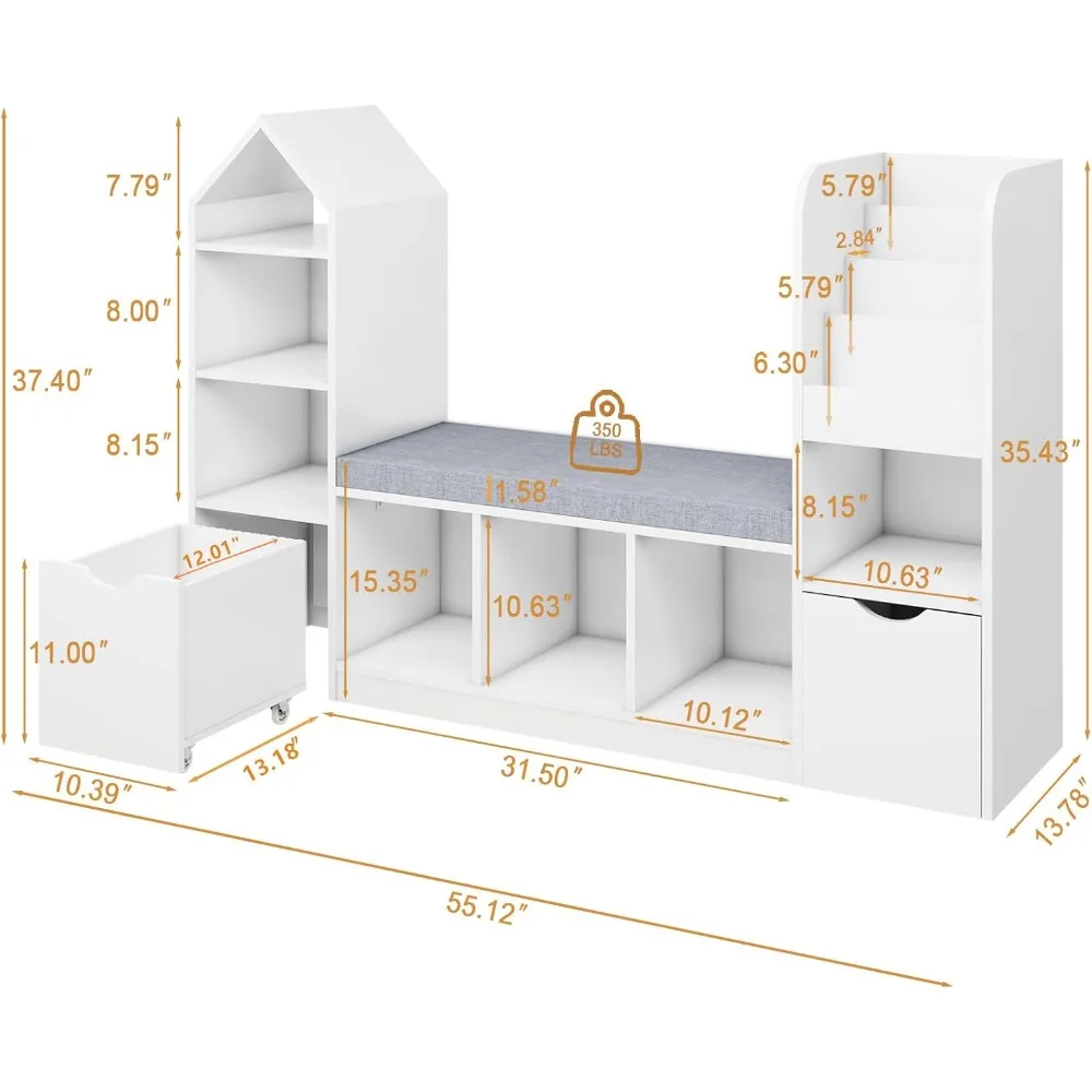 Kids Bookcase and Bookshelf, Bookcases with 7 Storage Cubbies 2 Movable Drawers, Bookcase with Seat Cushion, Bookcases