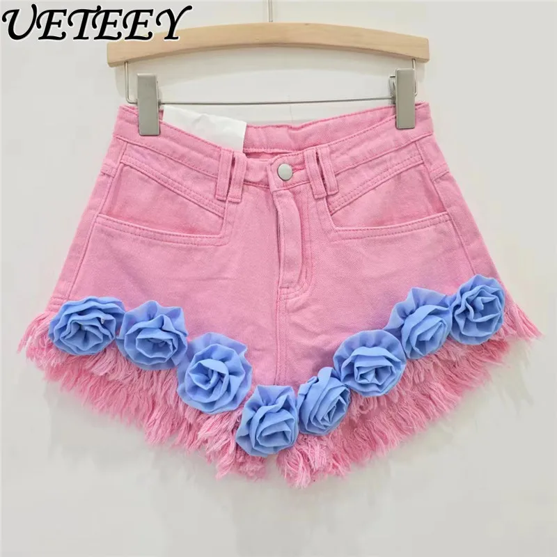 

Kawaii Sweet Pink Flowers Tassel Denim Shorts Women 2024 Summer Niche Street Slimming Hot Girl A- Line Wide Leg Shorts Hot Pants