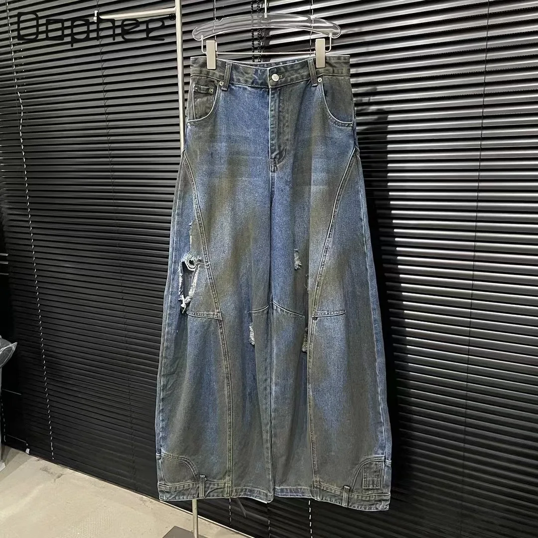 High Street Ripped Denim Pants Women Do Old High Waist Baggy Wide Leg Trousers Chic Designer Hip Hop Vintage Blue Jeans