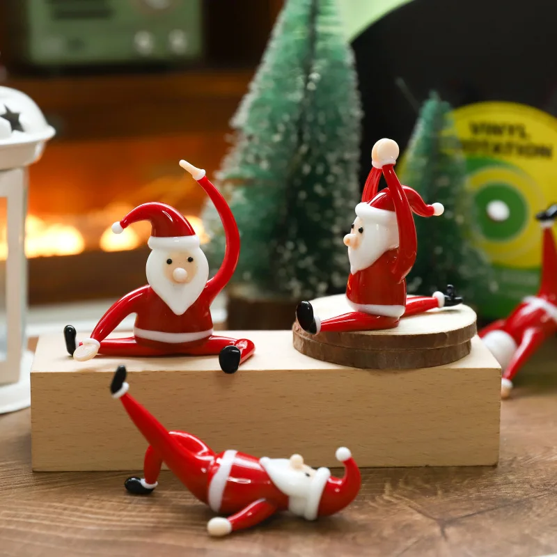Mini Santa Claus Figurine For Doing Yoga, Study, Computer, Bedroom Decoration, Gift, Cartoon Car Glass Figurine