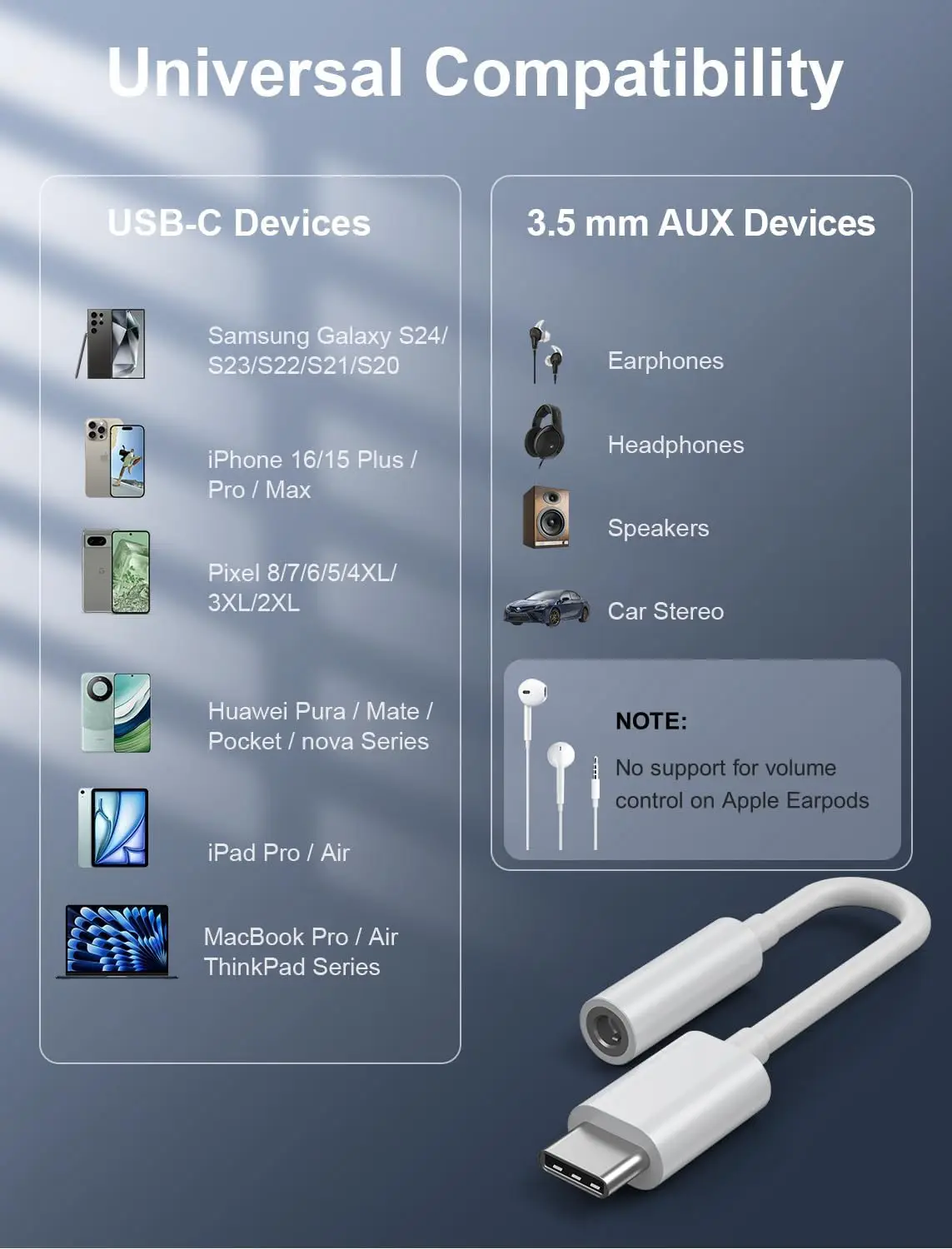 محول سماعة رأس USB-C إلى 3.5 ملم عبوة من HiFi، متوافق مع iPhone 16/15، Galaxy S25-S21، Pixel، iPad، Type-C إلى Aux Dongle