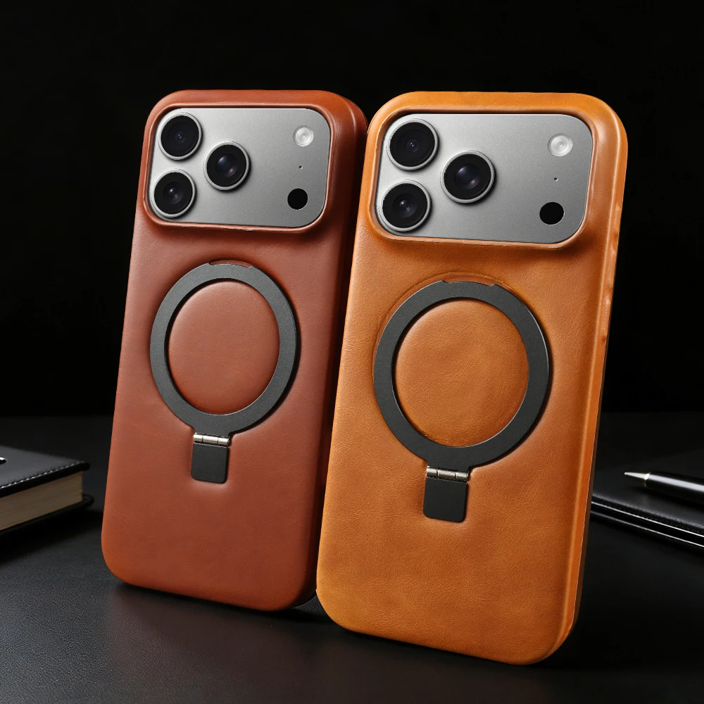 

Магнитный чехол-подставка из натуральной кожи для iPhone 17 Pro Max, 15 Plus, 14, 13, 12 Mini, 11, 16 Pro Max, задняя крышка с кольцом-держателем