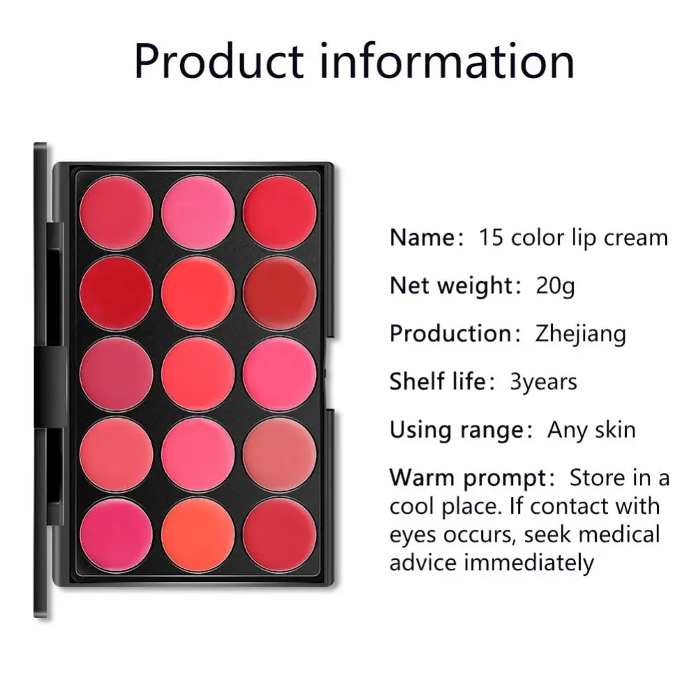 Non-Sticky Cup Matte Lipstick Palette with Mirror Waterproof Long Lasting 15 Color Lip Gloss Palette Beauty Moisturizing Female