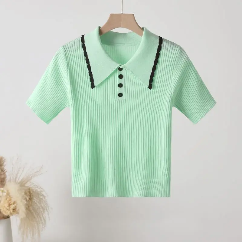 Pulôveres de botão com pescoço polo feminino, tops de malha, manga curta, elegante e fina, doce e tudo combina, roupa de trabalho, pedaços de gelo,