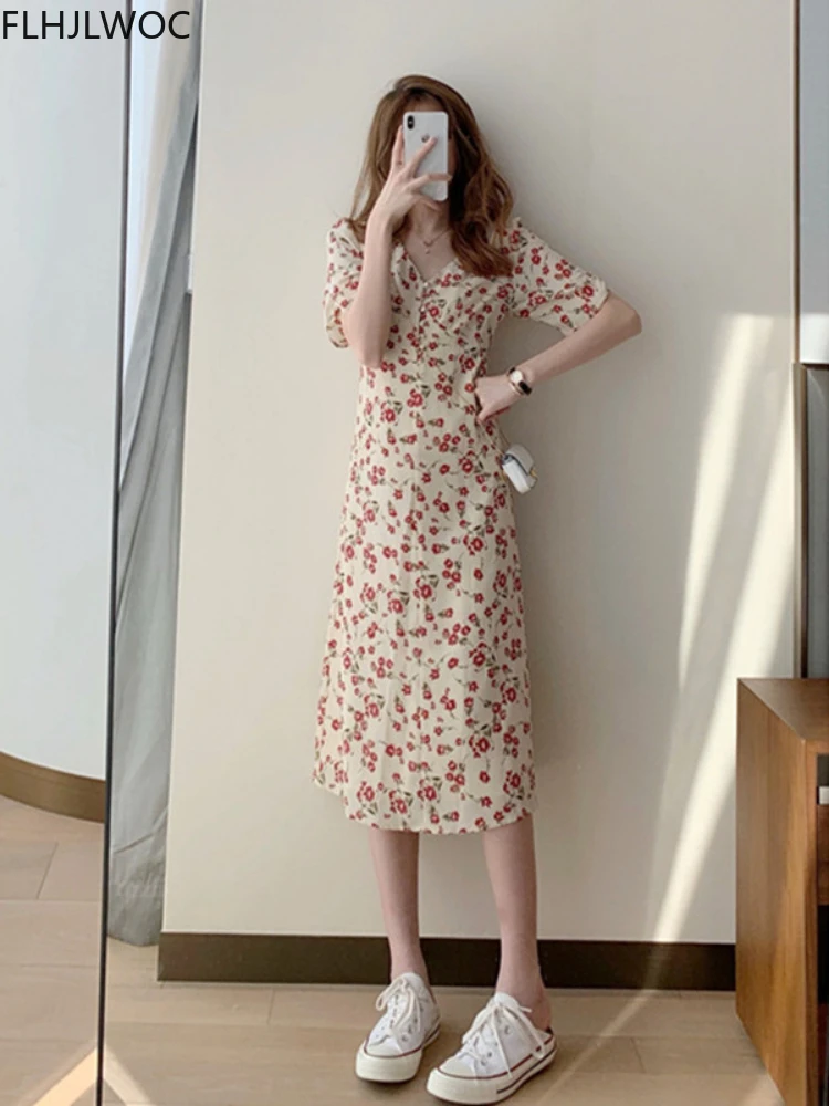 Chic Korean Clothes Design Summer Womens Short Sleeve V Neck Japan Girls Cute Floral Printed Retro Vintage Date Long Dress