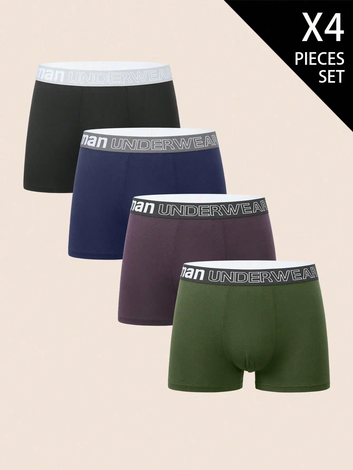 

Mens Letter Print Boxer Shorts 4pcs Set Solid Color Casual Underwear