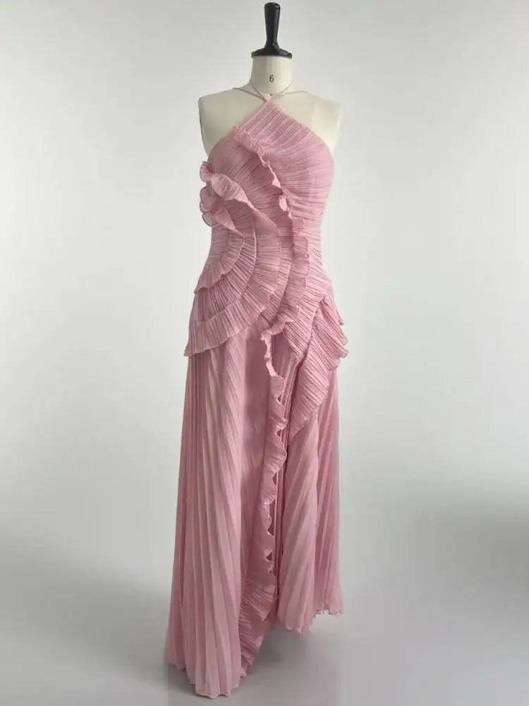 Elegante Halsband Ruches Avondjurk Effen Plooien Een Lijn Lace Up Backless Sexy Feestjurk Nieuwe Feestvakantie Y2k Gewaad ZBA8