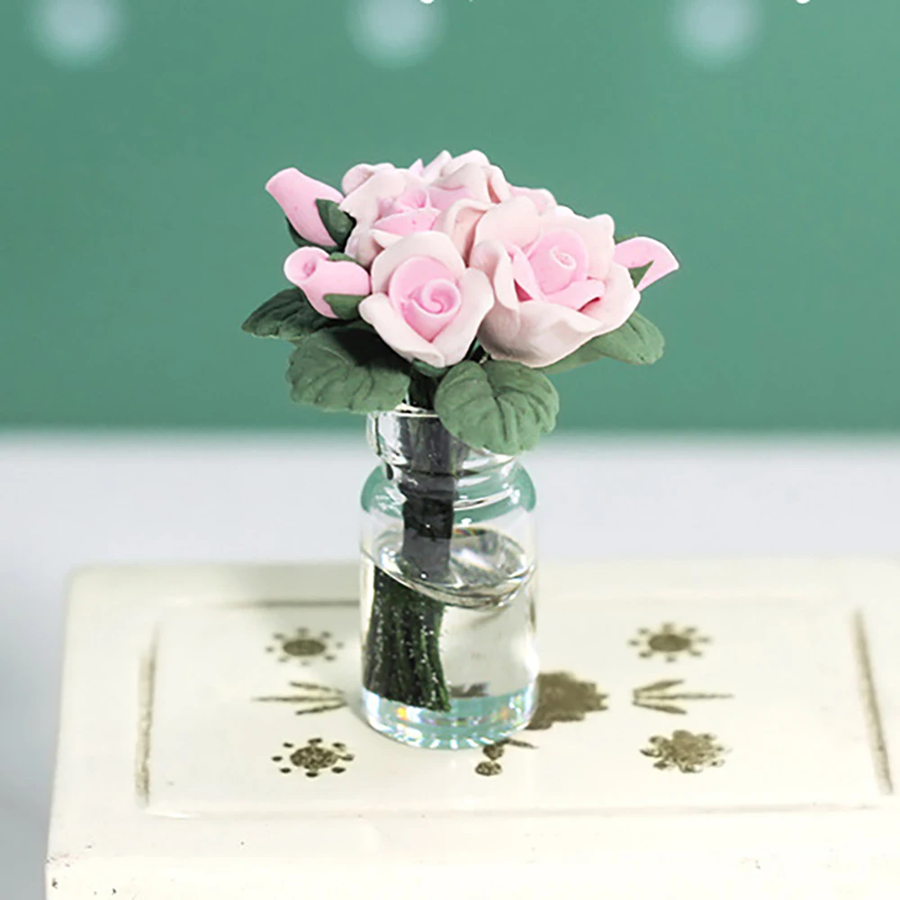 

1Pcs 1/12 Doll House Miniature Flower with Bottles Simulation Rose Model Toy for Mini Decoration Dollhouse Accessories ob11