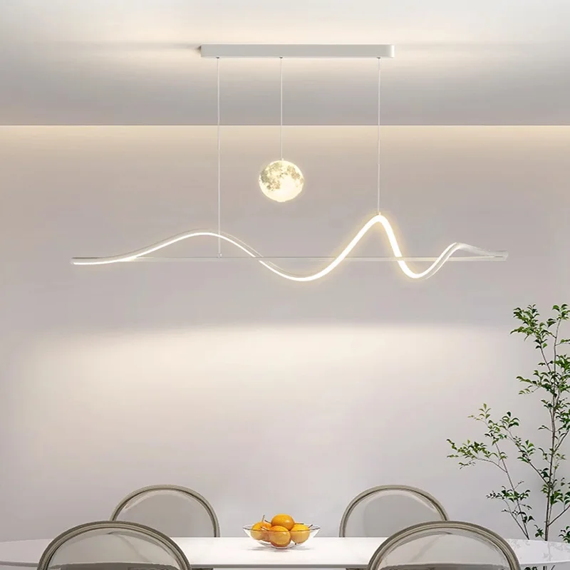 

Modern Simple Long Strip Led Pendant Lights for Dining Table Living Room Counter Bar Interior Moon Hanging Decor Art Chandelier