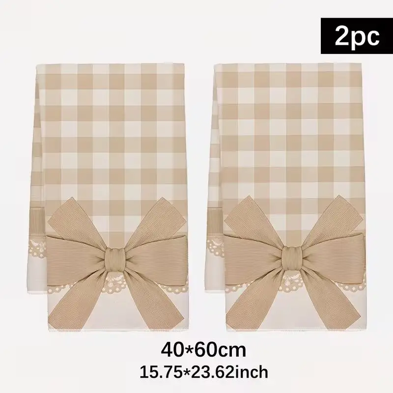 2-Piece khaki plaid bow pattern kitchen towel