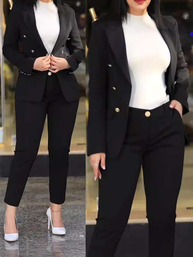 

2Pcs Women's Suit Jacket + Trousers 2 Piece Set Slim Fit Business Coat Fashion Double Breasted Formal Female Clothes Outfit
