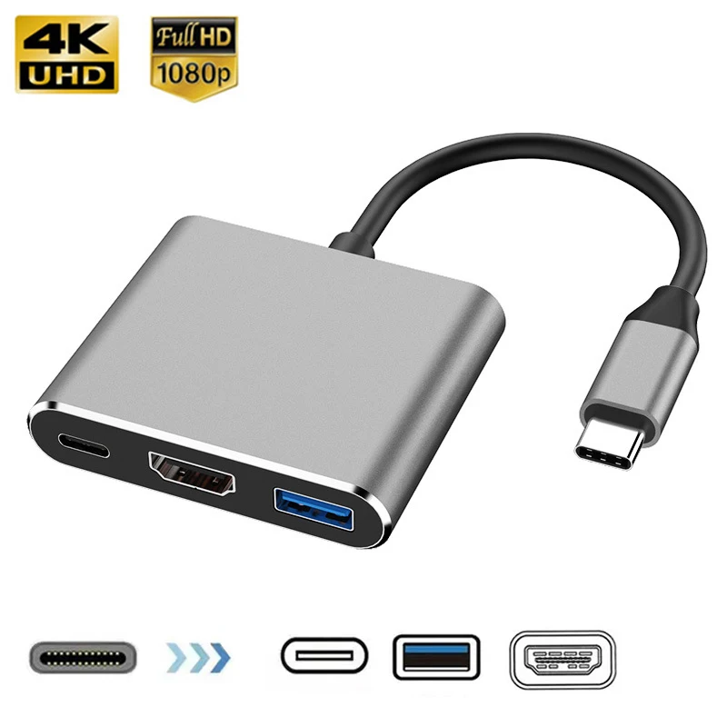 3 in 1 Multiport USB-C Hub with 4K HDMI-compatible USB 3.0 Port  PD Quick Charging Docking Station for MacBook Pro/Air Laptop