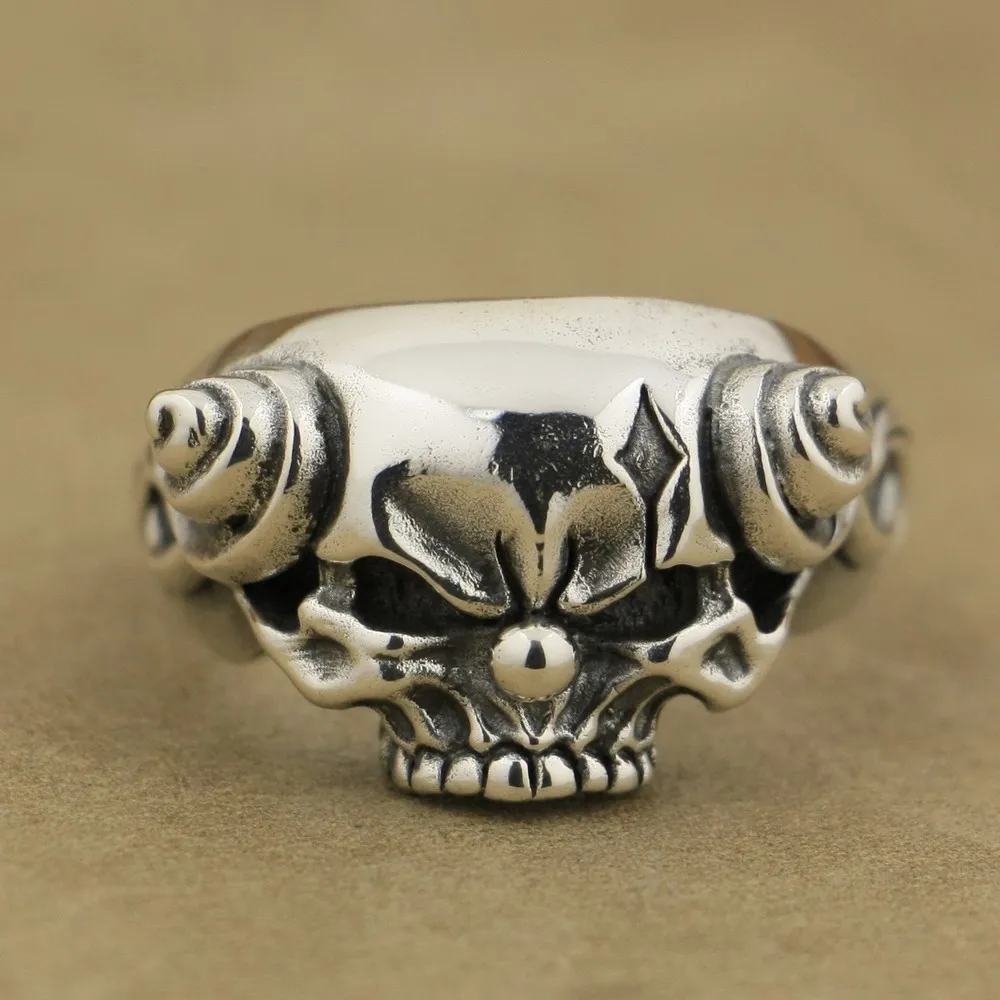 

925 Sterling Silver Handmade Joker Skull With Horn Punk Ring TA79 US Size 7~15