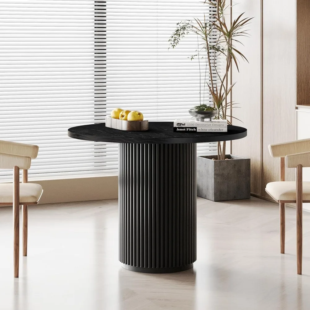 

Round Dining Table, Modern Farmhouse Kitchen Table Black, 35 Inch Small Circle Dining Tables with Solid Wood Strip Base for Kitc