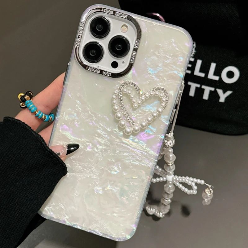 Luxury 3D Shell Pattern Love Pearl Bracelet Phone Case For iPhone 15 14 Pro Max Plus 13 12 11 Plating Frame Anti Fall Back Cover