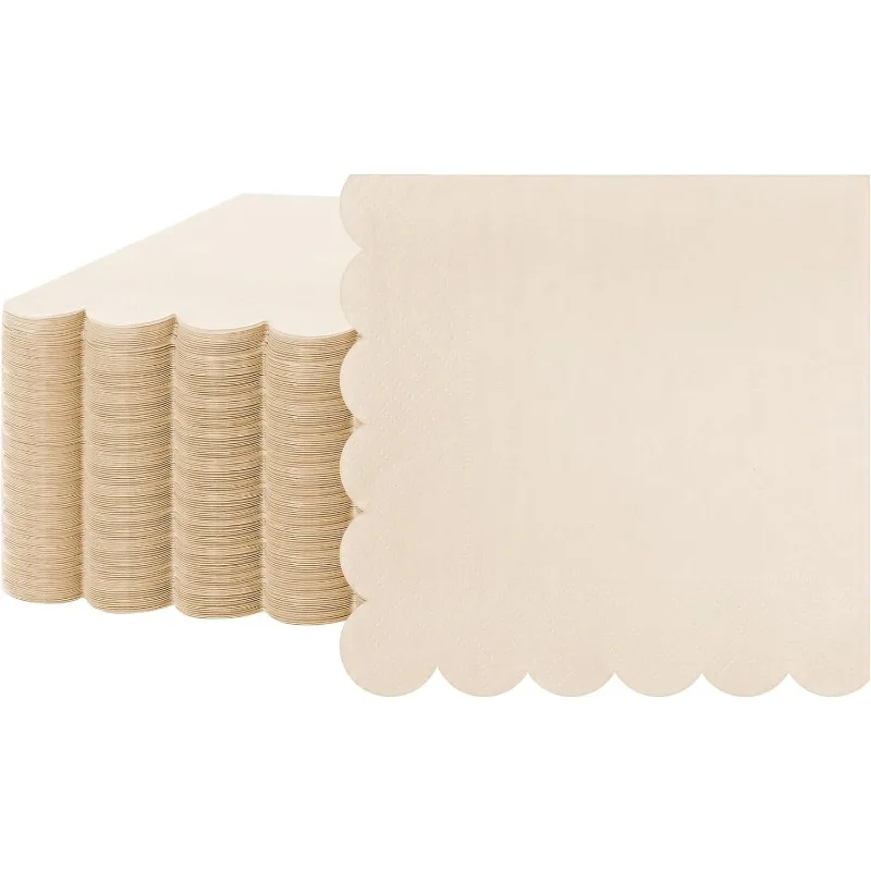 100 Pcs Scalloped Sage Cocktail, Thick Paper, Disposable Party，Beverage Napkins, 5 x 5 Inches (Milky White)