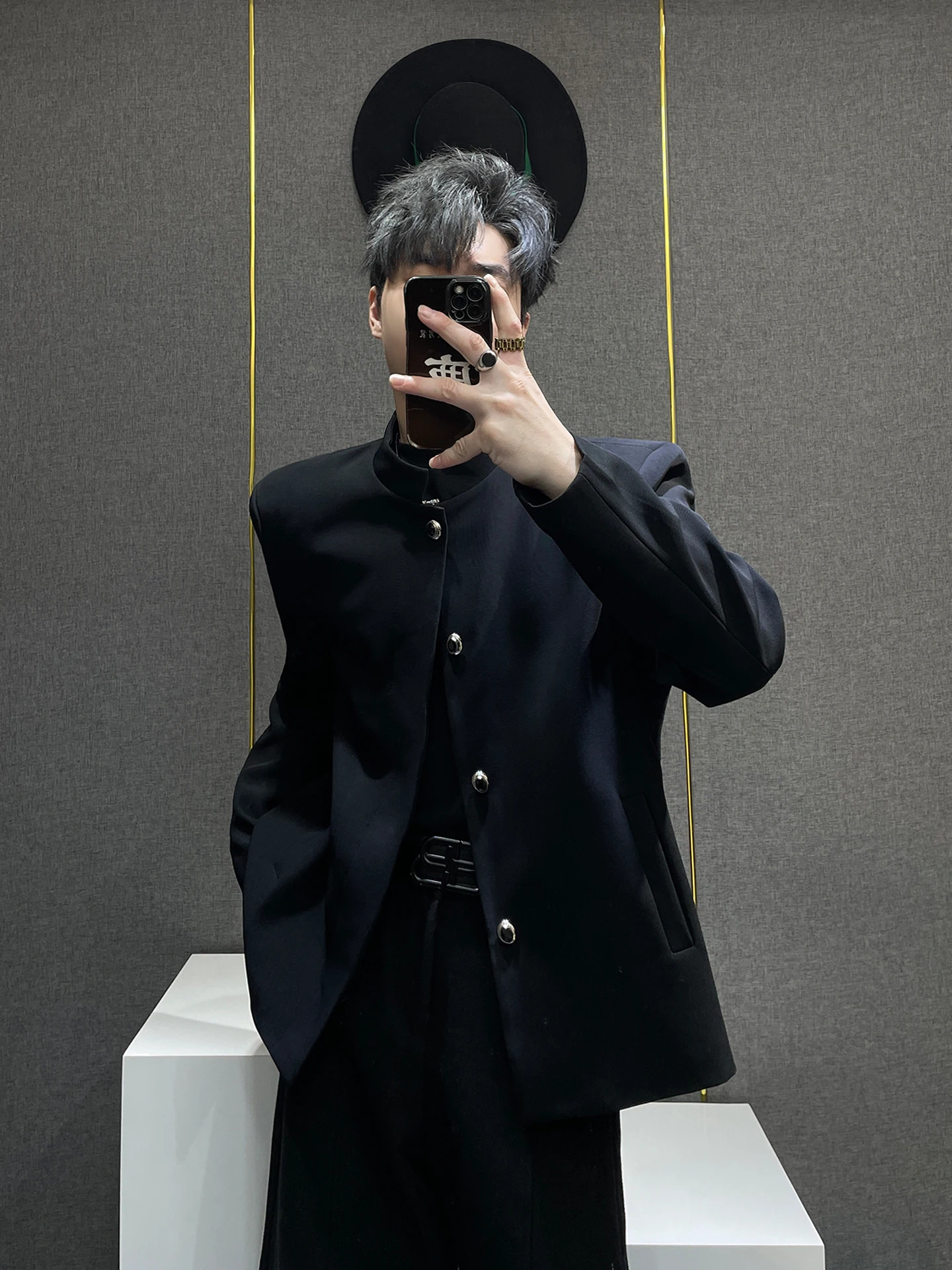 

New Chinese Sle Men's Bla Suit Jaet oulder Pads Stand Collar Casual Faion Urban Leisure Long Sve Coat for Autumn