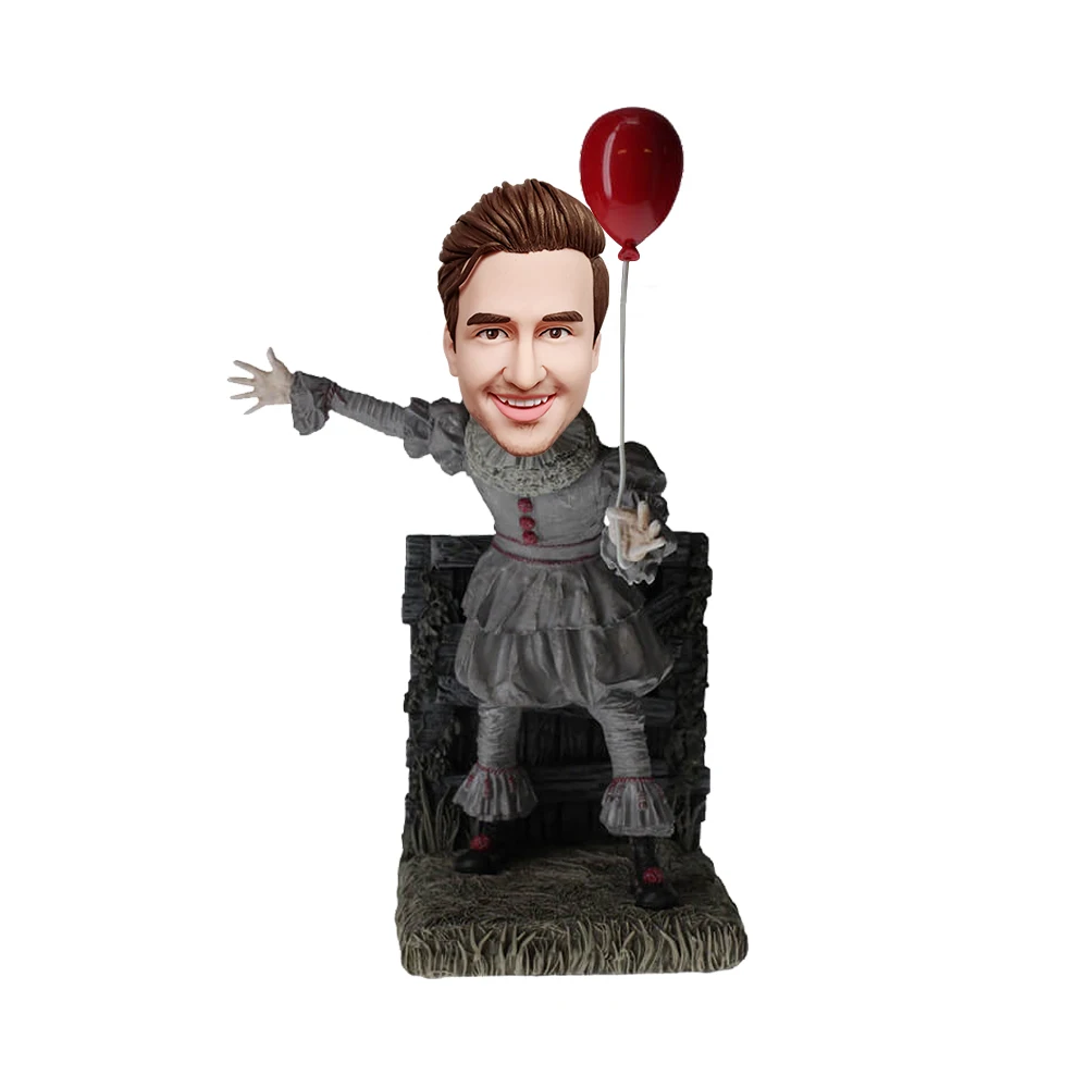 

Customized Halloween Bobblehead Doll, Personalized Bobblehead Of Evil Knight Holding Red Balloon, Fully Handmade, Halloween Gift