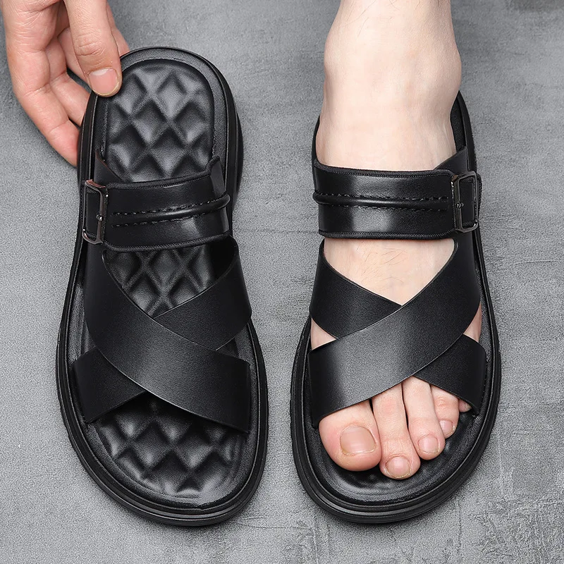 

New Belt Buckle Sandals Men's Summer Fashion Trend Soft Bottom Comfortable Shoes Solid Color Non-slip Large Size Beach Slippers