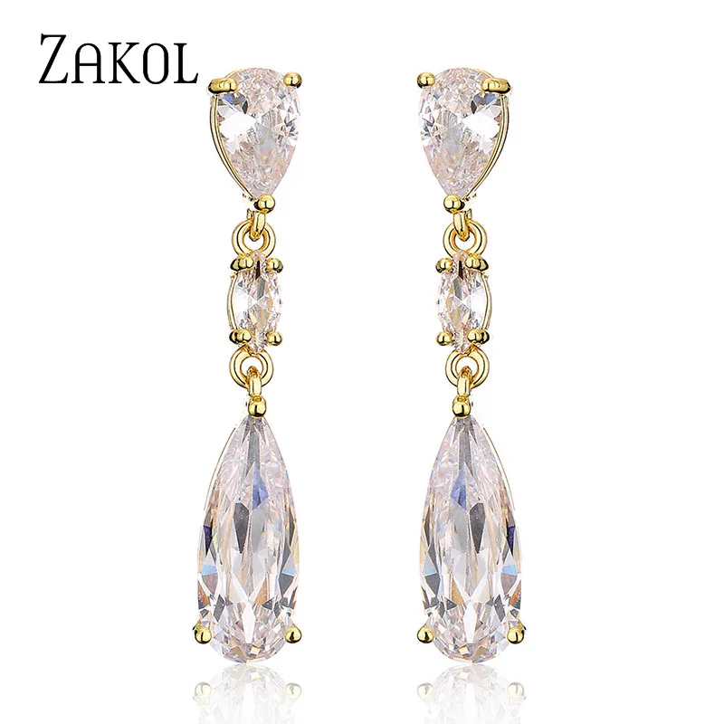 ZAKOL Classic Luxury Water Drop Cubic Zirconia Dangle Earrings for Women Female Shiny CZ  Bride Wedding Jwellery FSEP2982