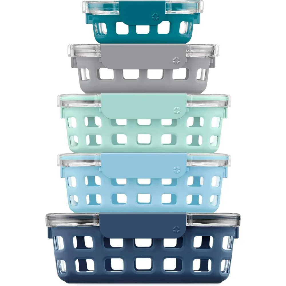 

Leak-Proof Glass Food Storage Containers with Silicone Sleeves and Airtight Lids, Dishwasher Microwave Freezer Safe