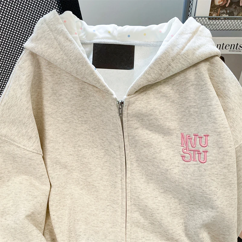 Korean Style Colorful Polka Dot Hoodies Women's Embroidery Long Sleeved Loose Sweatshirt Chic Casual Patchwork Zipper Outerwear