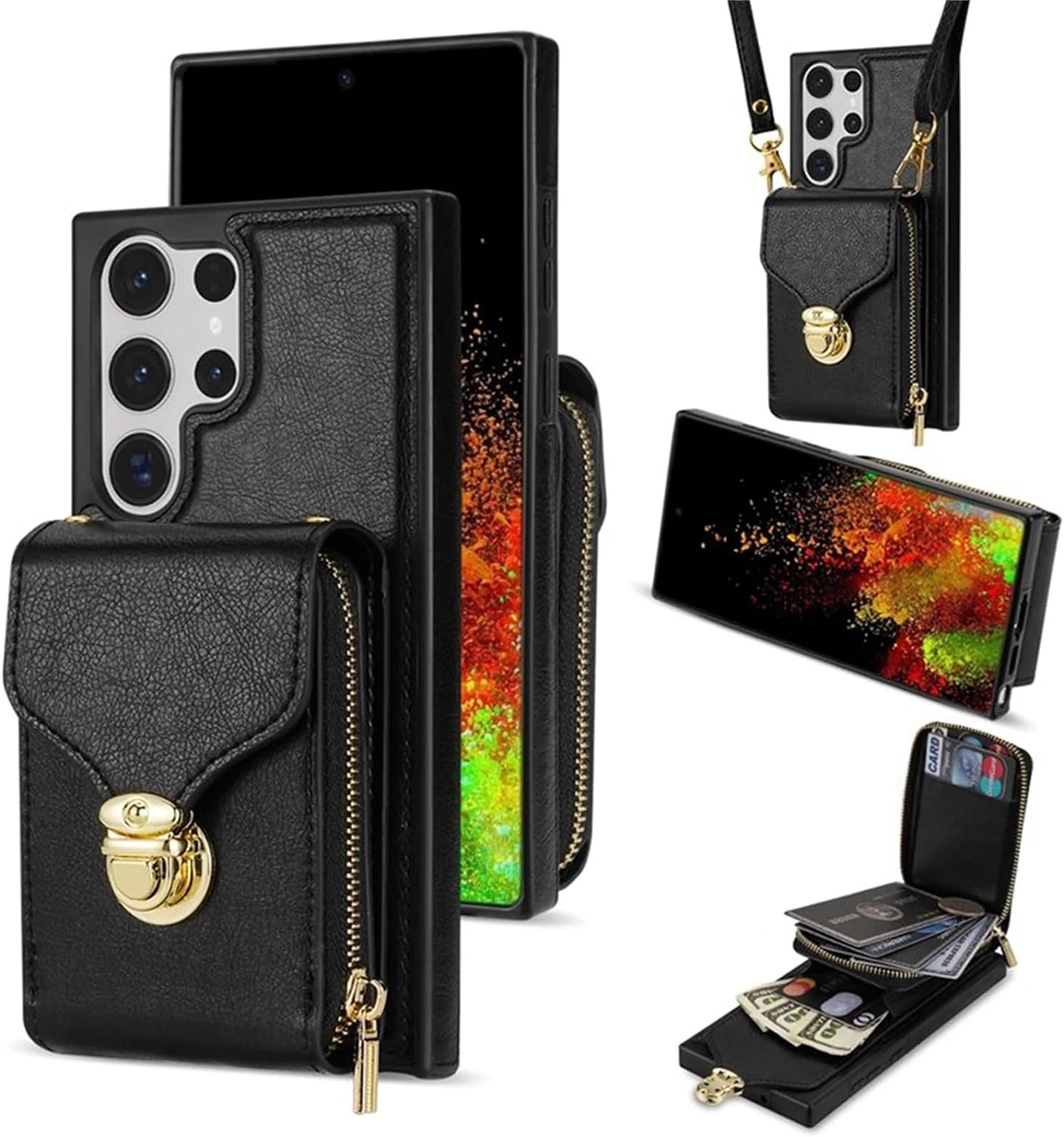 Crossbody Wallet Case for Samsung Galaxy S24 Ultra/S24 Plus/S24, PU Leather Protective Case with Long Shoulder Strap Zipper