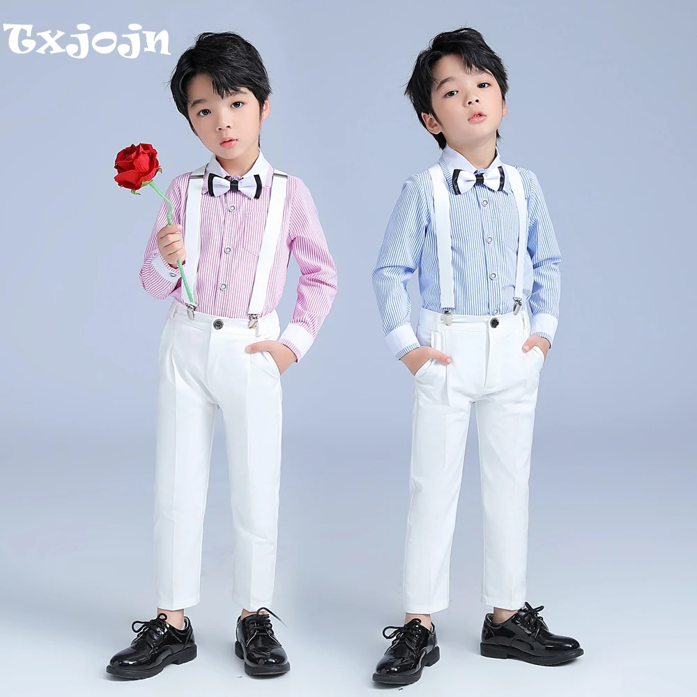 

Formal Kids Overall Sets 4 Pieces Striped Shirt Jumpsuit With Bow-tie Stage Performance Wear Slim Fit Boys Clothes For Birthday