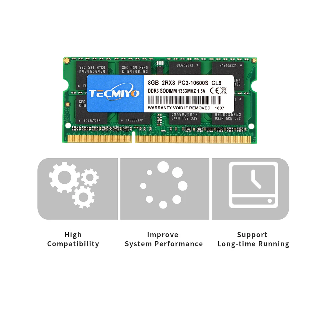 Tecmiyo 8GB DDR3 1333MHz Notebook RAM PC3-10600S 1.5V SODIMM 2RX8 CL9 Memory for Laptop -Green