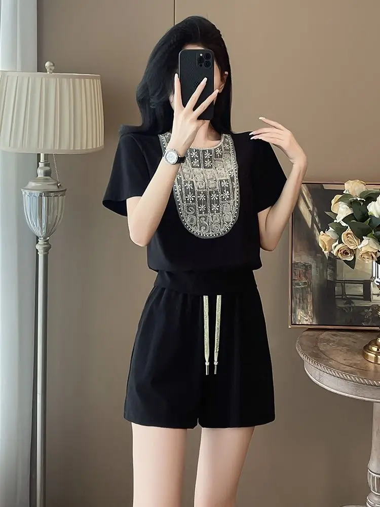 

Tracksuit Black Casual Rhinestone Woman Shorts Classic Elegant Outfit Tailor Fashion Novelties Short Sets for Women 2 Pieces
