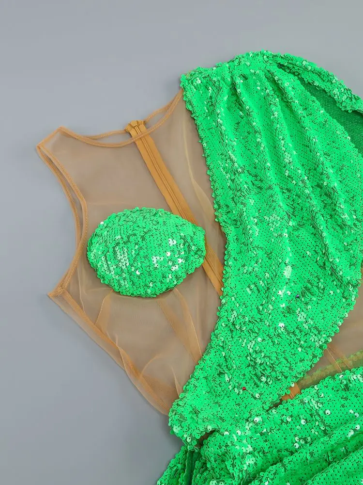 New Round Neck Tank Top Perspective Green Sequin Ribbon Short Wrap Hip Party Nightclub Dress Show Evening Dress