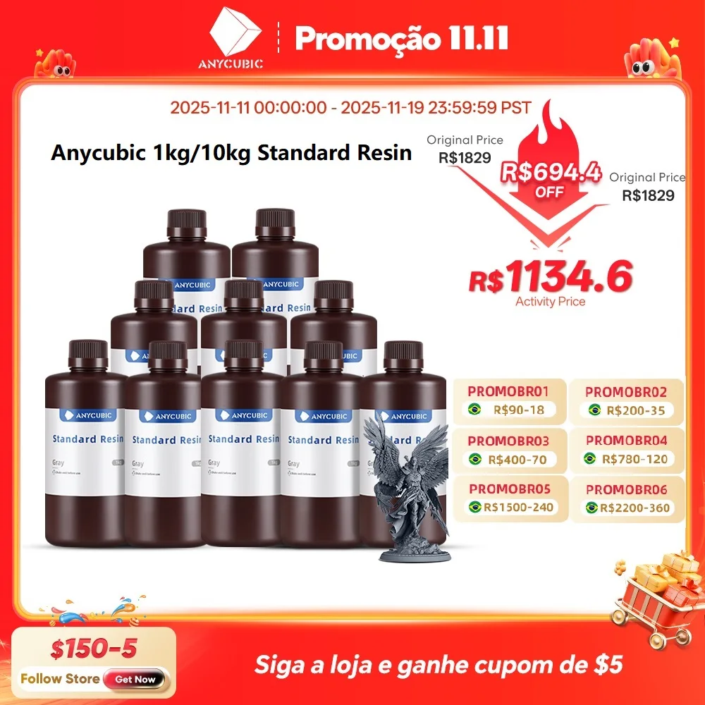 Anycúbico 1kg/10kg resina padrão fotopolímero líquido 405nm resina uv para impressora 3d material de resina de impressão lcd para fóton mono