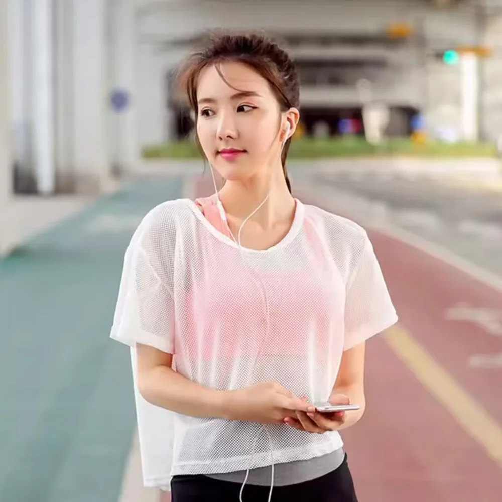

Yoga Sport Top Summer Quick Dry Running Shirt Womens Mesh Breathable Loose Workout Tee Mesh Training Shirt Outdoor Sportswear
