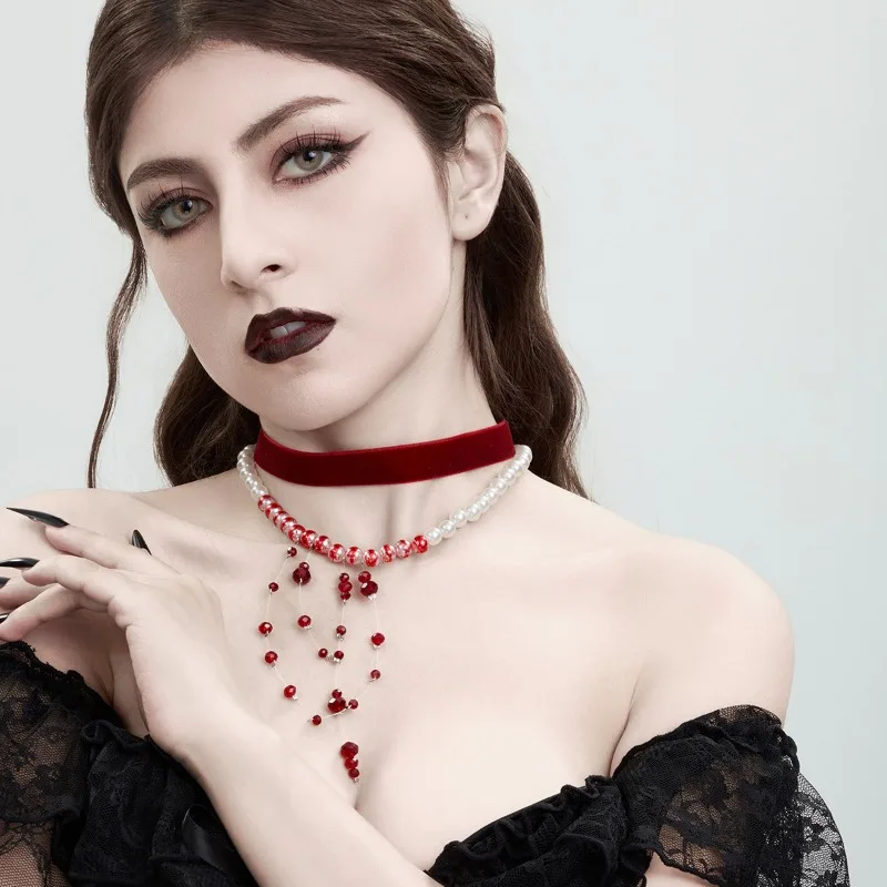 Halloween Jewelry Gothic Style Pearl Necklace Choker Halloween Blood Drop Tassel Crystal Collarbone Chain