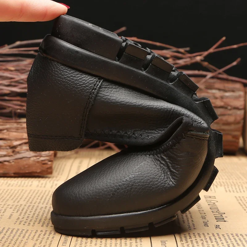 BEYARNEClassic Black Ballet Flats Shoes Women Genuine Leather Small Wedges Low Heel Shallow Comfortable Work ShoesWomanE111