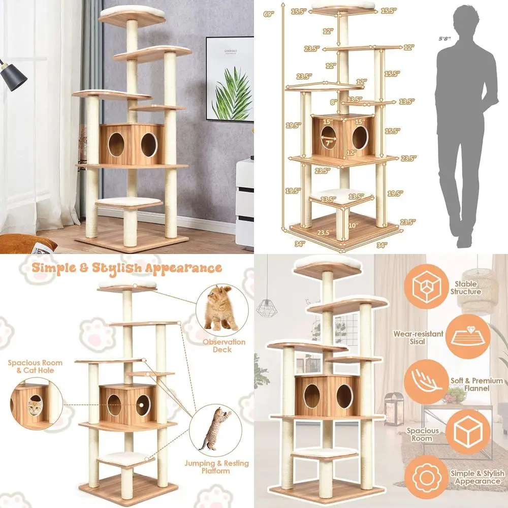 برج قطط حديث بطول 69 بوصة مع أعمدة خدش حبل السيزال، شجرة قطط بمنصة متعددة الطبقات للتسلق والراحة #1