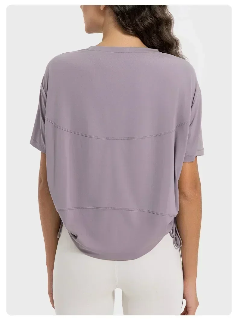 New Lemon Cool Breathable Quick-drying Drawstring Pleated TEE Loose Comfortable Round Neck Outdoor Sports Short Sleeve