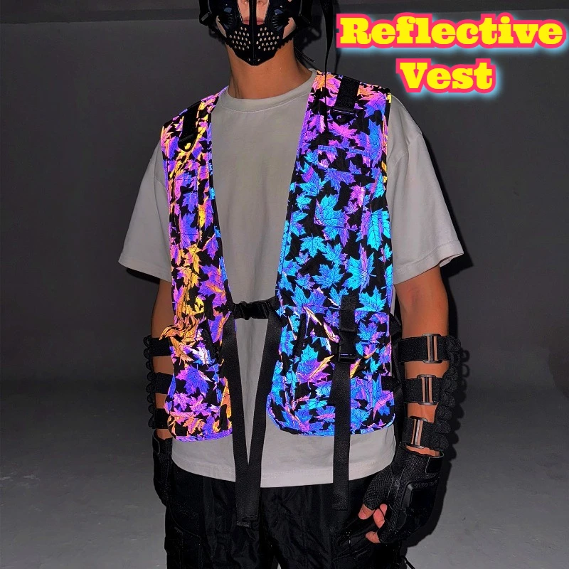Maple Leaf Print Reflective Vest Tactical Workwear Men Outdoor Multi Pocket Utility Hunting Photography Fishing Hiking Gear Wear