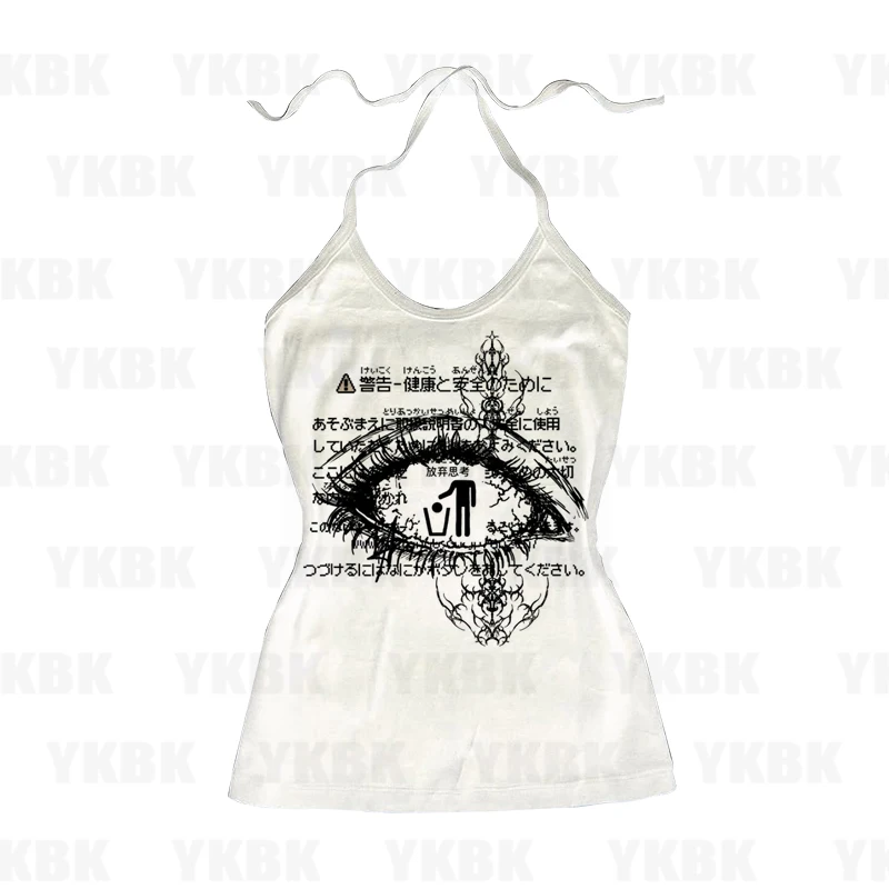 Women Tank Top Sleeveless Print eyes Cross Lace Up Crop Top Summer Streetwear Y2K Casual Crop Top Harajuku Fashion Vest Tee 90s