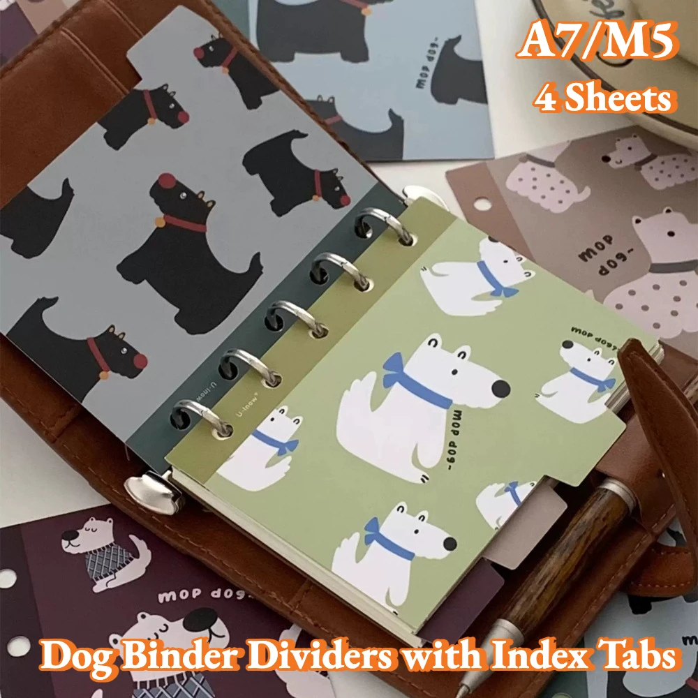 4 Sheets A7 M5 Cute Cartoon Dog 6 Hole Binder Dividers Morandi Color Index Tabs Page Separators for Journal Planner Notebook