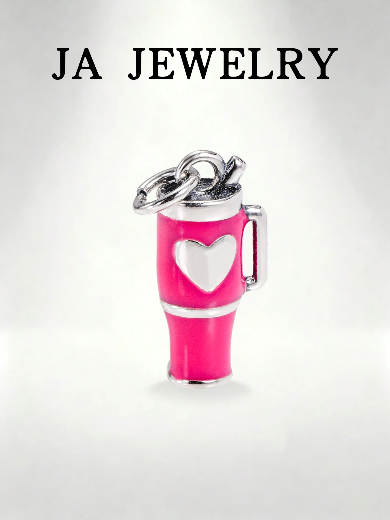 S925 Sterling Silver Pink Enamel Drink Cup Charm - Heart Design Tumbler Pendant for Bracelet