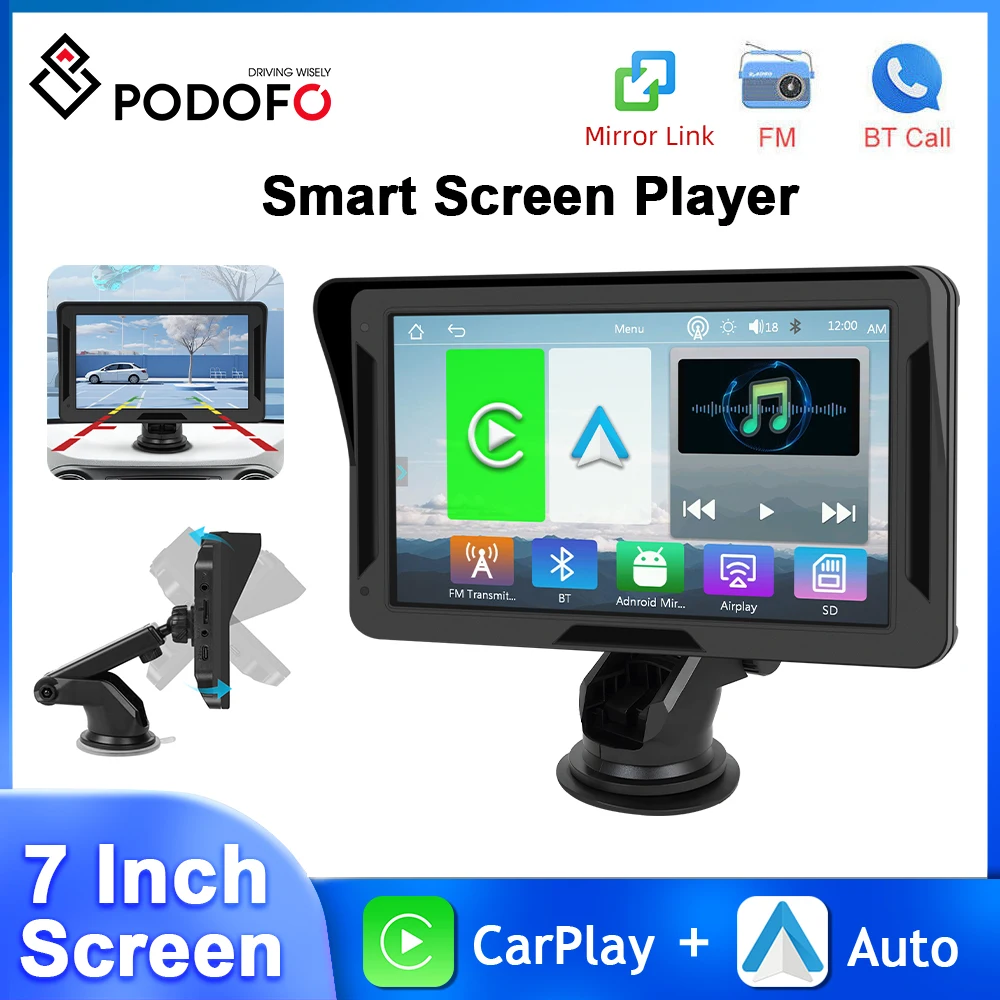 

Podofo 7 ''сенсорный экран Смарт-плеер приборная панель Carplay Android Авто EQ звук Bluetooth Airplay Autolink FM автомобильный монитор