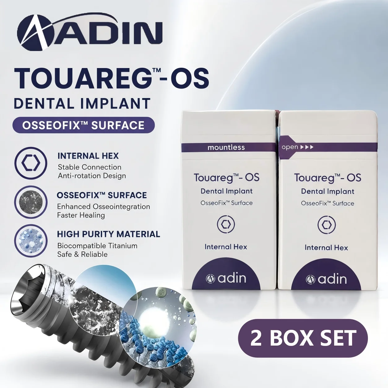 2Box Adin Touareg-OS Titanium Implant, OsseoFix SLA Surface, Internal Hex, Designed for Immediate Loading
