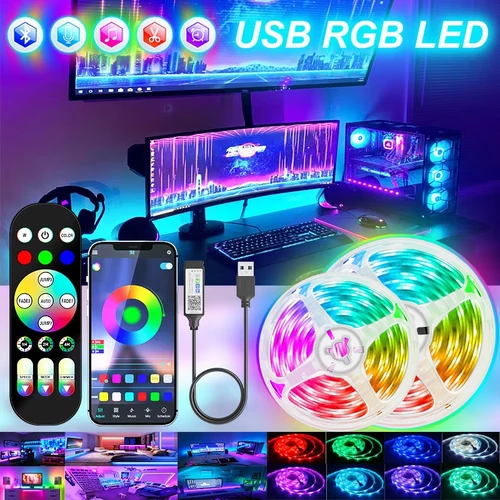 USB LED 스트립 조명, RGB 5050 블루투스 앱 제어, 유연한 다이오드 장식, 거실 램프 리본, APP 1M-30M 